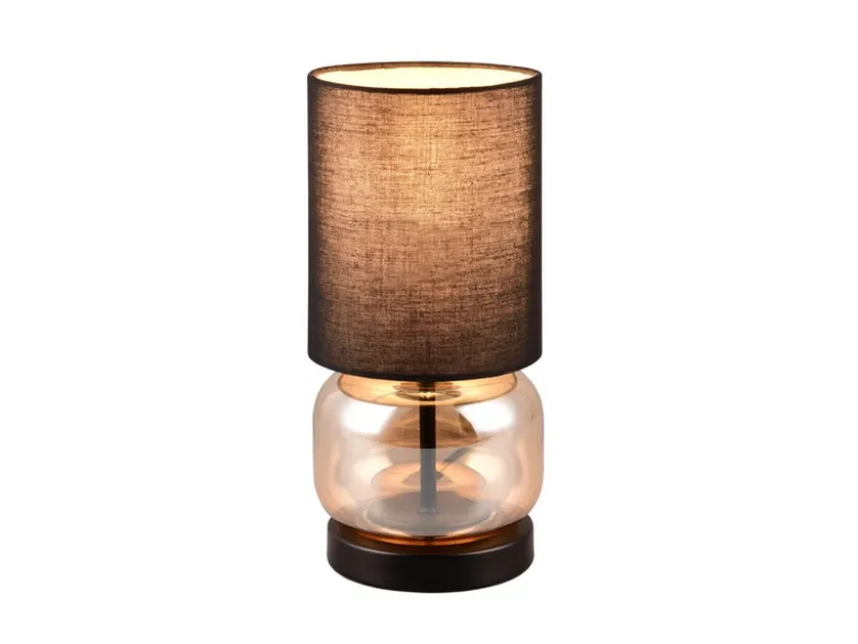 Tischleuchte ELIO mit Glasfuß Amber und Stoffschirm Schwarz, Höhe 28cm