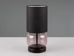 Tischleuchte ELIO mit Glasfuß Rauchglas und Stoffschirm Schwarz, Höhe 28cm