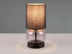 Tischleuchte ELIO mit Glasfuß Rauchglas und Stoffschirm Schwarz, Höhe 28cm