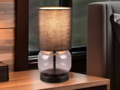 Tischleuchte ELIO mit Glasfuß Rauchglas und Stoffschirm Schwarz, Höhe 28cm