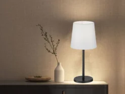 Tischleuchte EVE Schwarz mit Lampenschirm Stoff Weiß, Höhe 30cm