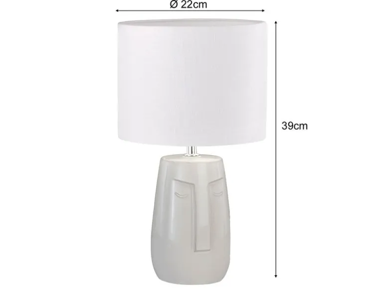 Tischleuchte FACE mit Keramikfuß Beige & Leinenschirm Weiß, Höhe 39cm