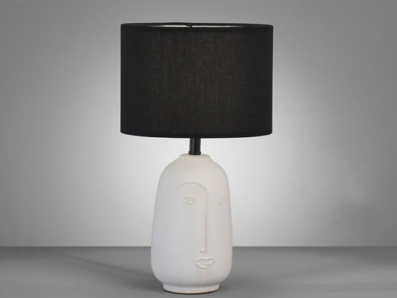 Tischleuchte FACE mit Keramikfuß Weiß & Stoffschirm Schwarz, Höhe 39cm