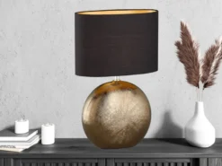 Tischleuchte FORO, Keramikfuß Bronze Antik & Stoffschirm Schwarz Gold, Höhe 53cm