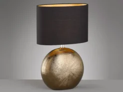 Tischleuchte FORO, Keramikfuß Bronze Antik & Stoffschirm Schwarz Gold, Höhe 53cm