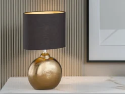 Tischleuchte FORO, Keramikfuß Bronze Antik & Stoffschirm Schwarz Gold, Höhe 39cm