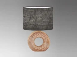 Tischleuchte HANKE mit Keramikfuß Holzoptik & Leinenschirm Grau, Höhe 31cm