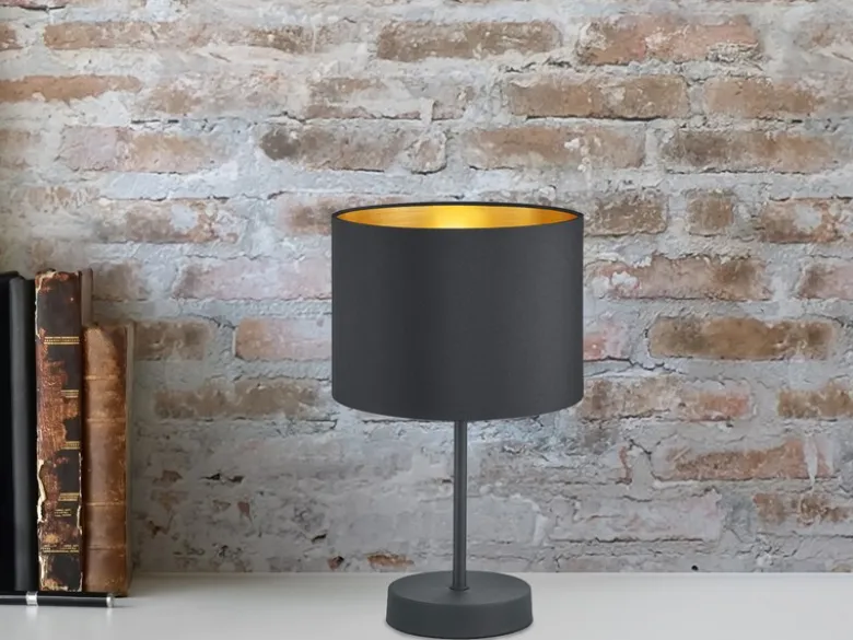 Tischleuchte HOSTEL Stoff Lampenschirm Schwarz & Gold, Höhe 33cm