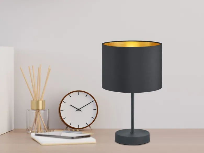 Tischleuchte HOSTEL Stoff Lampenschirm Schwarz & Gold, Höhe 33cm