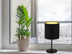 Tischleuchte JERRY 1-flammig Metall Stoffschirm in Schwarz/Gold, Höhe 28cm