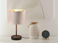Tischleuchte JULIETA mit Samt Lampenschirm Beige Gold, Höhe 33cm