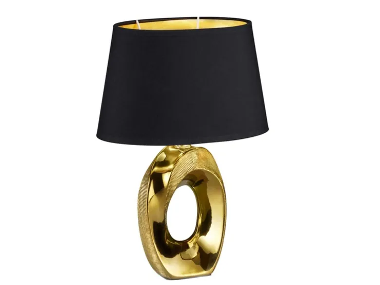 Tischleuchte Keramik Gold mit Stoffschirm Schwarz & E14 LED, Höhe 33cm