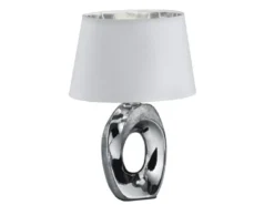 Tischleuchte Keramik Silber mit Stoffschirm Weiß & E14 LED, Höhe 33cm