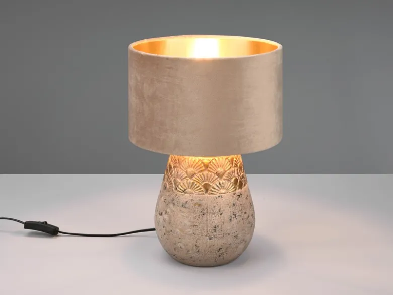 Tischleuchte KIRAN Keramikfuß Grau mit Samtschirm Beige Gold, Höhe 38cm
