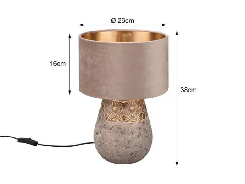 Tischleuchte KIRAN Keramikfuß Grau mit Samtschirm Beige Gold, Höhe 38cm