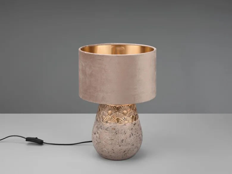Tischleuchte KIRAN Keramikfuß Grau mit Samtschirm Beige Gold, Höhe 38cm