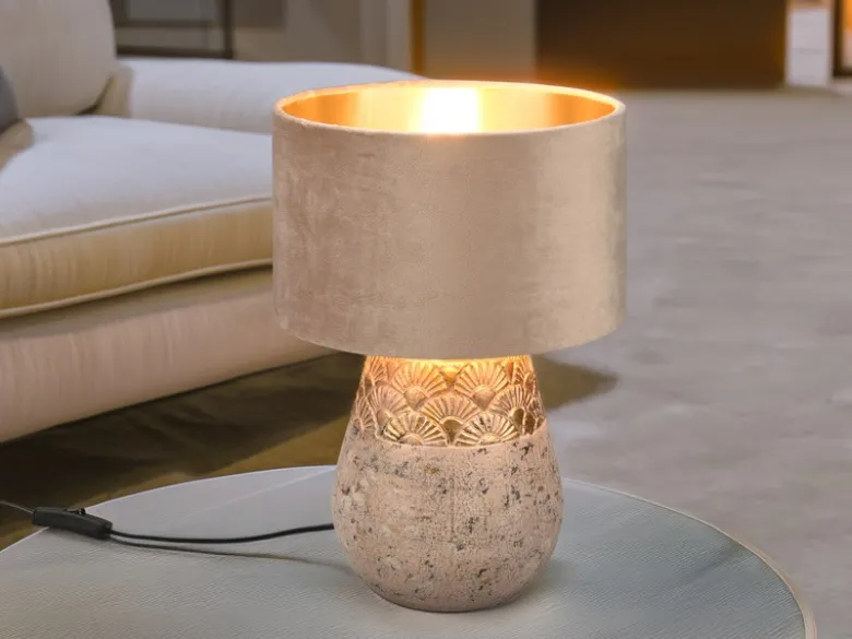 Tischleuchte KIRAN Keramikfuß Grau mit Samtschirm Beige Gold, Höhe 38cm