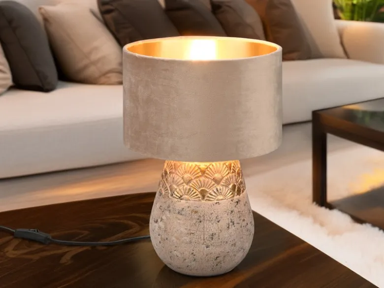 Tischleuchte KIRAN Keramikfuß Grau mit Samtschirm Beige Gold, Höhe 38cm