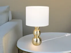 Tischleuchte LOVA mit Keramikfuß Gold & Stoffschirm Weiß, Höhe 29cm