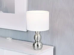 Tischleuchte LOVA mit Keramikfuß Silber & Stoffschirm Weiß, Höhe 29cm