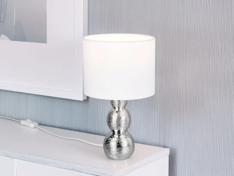 Tischleuchte LOVA mit Keramikfuß Silber & Stoffschirm Weiß, Höhe 29cm