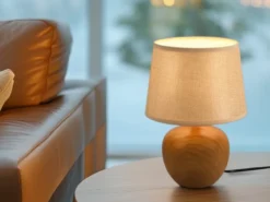Tischleuchte LUXOR Keramik Holzoptik mit Stoffschirm Beige, Höhe 26cm