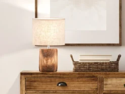 Tischleuchte MALIK mit Leinenschirm Beige & Betonfuß Holzoptik, Höhe 35cm