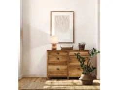 Tischleuchte MALIK mit Leinenschirm Beige & Betonfuß Holzoptik, Höhe 35cm