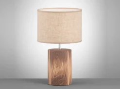 Tischleuchte MALIK mit Leinenschirm Beige & Betonfuß Holzoptik, Höhe 43cm