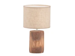 Tischleuchte MALIK mit Leinenschirm Beige & Betonfuß Holzoptik, Höhe 43cm