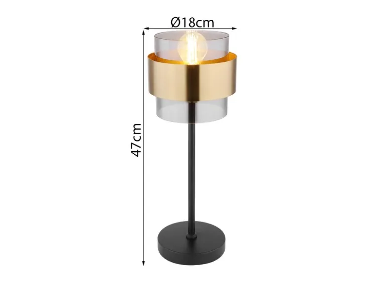 Tischleuchte MILLEY mit Rauchglas Lampenschirm, Messingring, Höhe 47cm