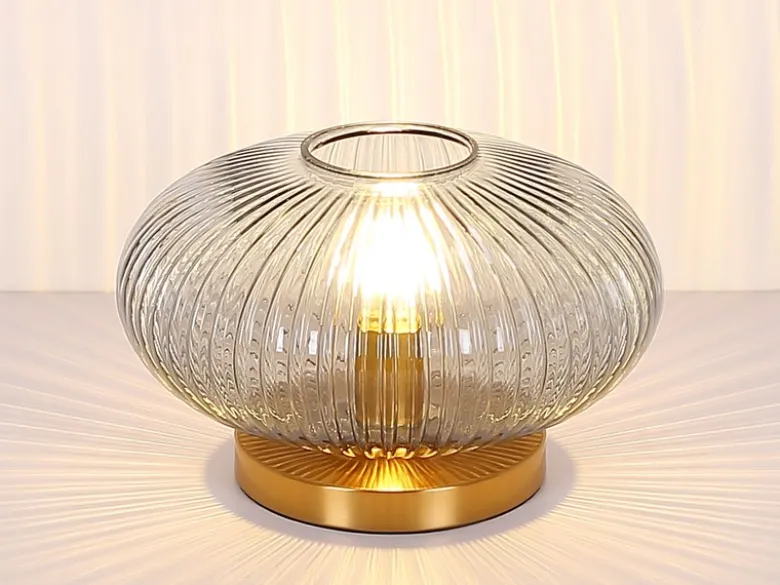 Tischleuchte NORMY aus Rauchglas Rillenglas Messing, Höhe 20cm
