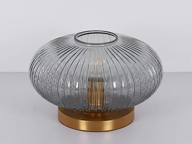 Tischleuchte NORMY aus Rauchglas Rillenglas Messing, Höhe 20cm