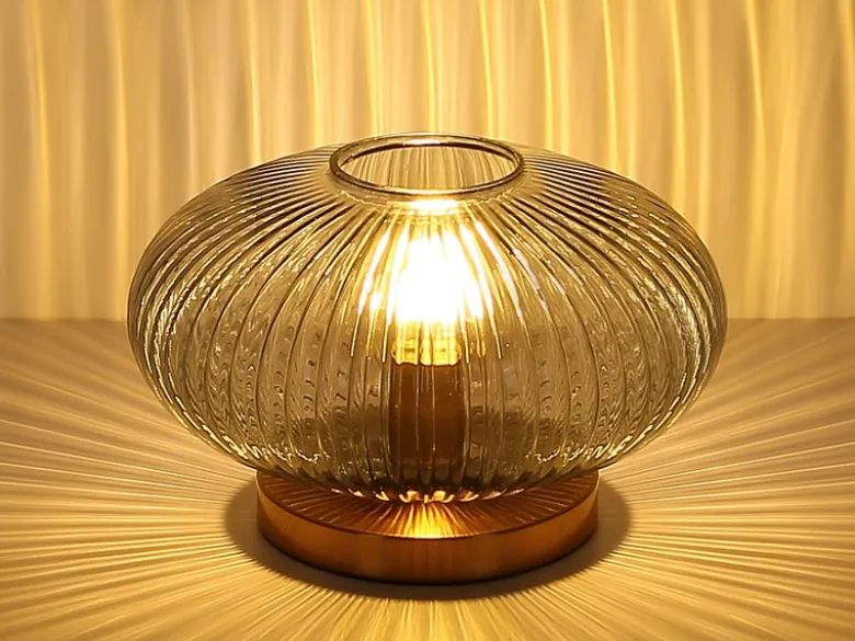 Tischleuchte NORMY aus Rauchglas Rillenglas Messing, Höhe 20cm