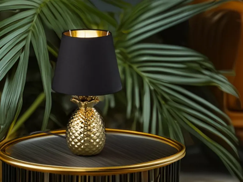 Tischleuchte PINEAPPLE Ananas Gold mit Stoffschirm Schwarz Gold, Höhe 35cm