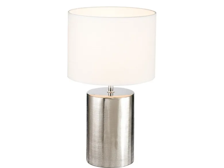 Tischleuchte PRATA Keramikfuß Silber Antik & Stoffschirm Leinen Weiß, Höhe 43cm