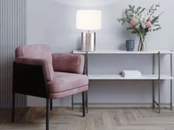 Tischleuchte PRATA Keramikfuß Silber Antik & Stoffschirm Leinen Weiß, Höhe 43cm