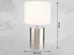 Tischleuchte PRATA Keramikfuß Silber Antik & Stoffschirm Leinen Weiß, Höhe 43cm