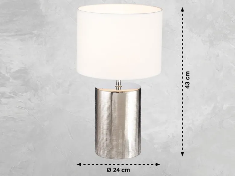 Tischleuchte PRATA Keramikfuß Silber Antik & Stoffschirm Leinen Weiß, Höhe 43cm