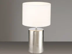 Tischleuchte PRATA Keramikfuß Silber Antik & Stoffschirm Leinen Weiß, Höhe 43cm
