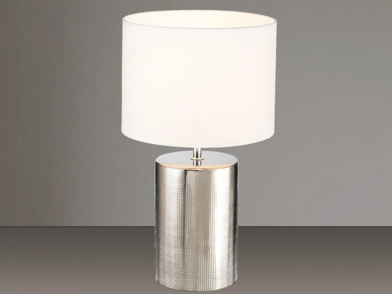 Tischleuchte PRATA Keramikfuß Silber Antik & Stoffschirm Leinen Weiß, Höhe 43cm