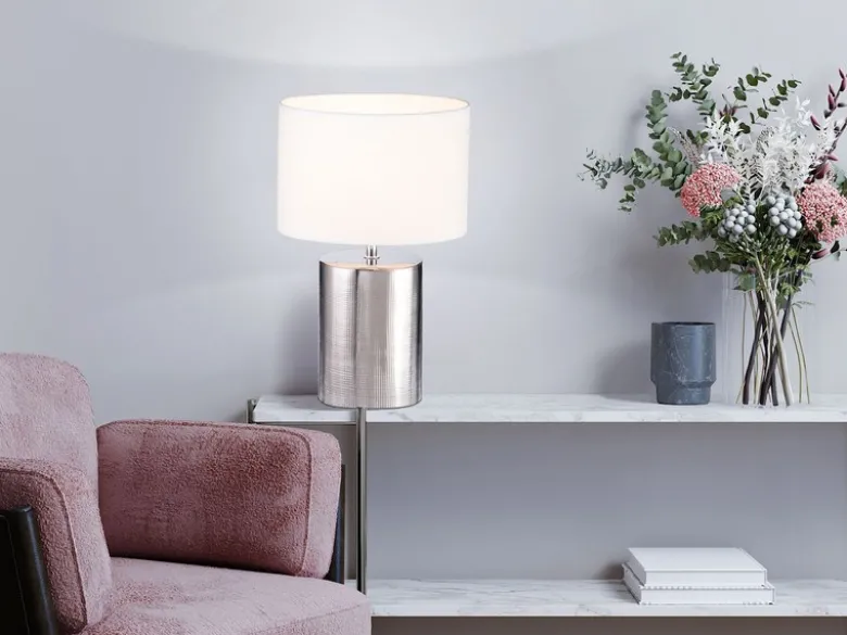 Tischleuchte PRATA Keramikfuß Silber Antik & Stoffschirm Leinen Weiß, Höhe 43cm