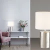 Tischleuchte PRATA Keramikfuß Silber Antik & Stoffschirm Leinen Weiß, Höhe 35cm