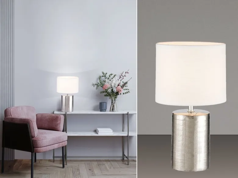 Tischleuchte PRATA Keramikfuß Silber Antik & Stoffschirm Leinen Weiß, Höhe 35cm