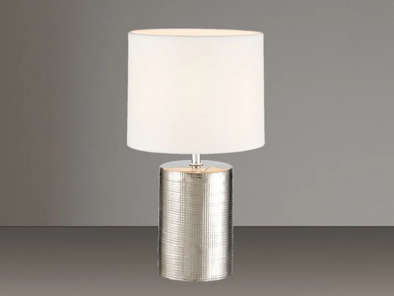 Tischleuchte PRATA Keramikfuß Silber Antik & Stoffschirm Leinen Weiß, Höhe 35cm