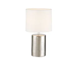 Tischleuchte PRATA Keramikfuß Silber Antik & Stoffschirm Leinen Weiß, Höhe 35cm