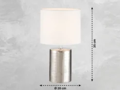 Tischleuchte PRATA Keramikfuß Silber Antik & Stoffschirm Leinen Weiß, Höhe 35cm