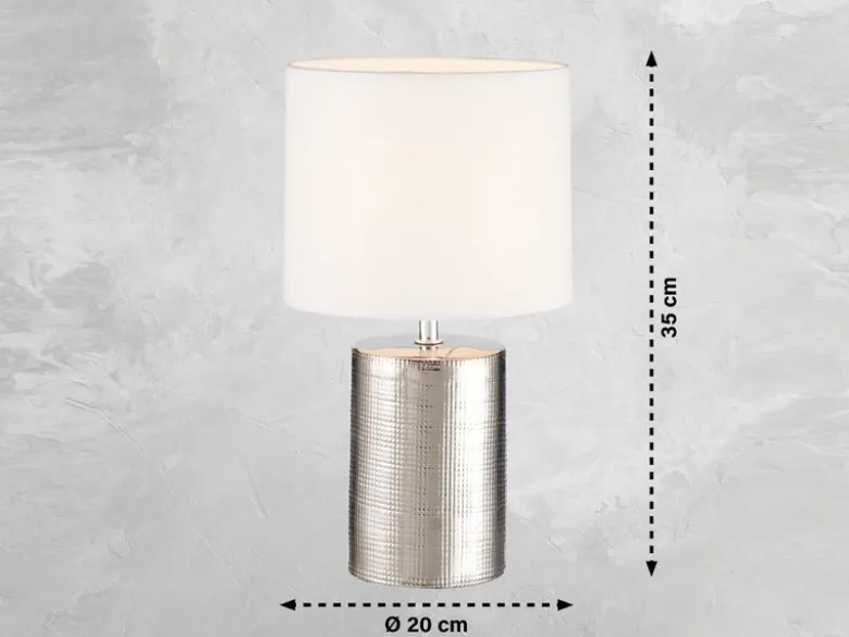 Tischleuchte PRATA Keramikfuß Silber Antik & Stoffschirm Leinen Weiß, Höhe 35cm