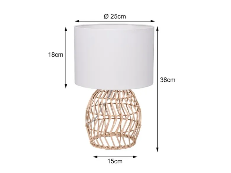 Tischleuchte RIKE mit Rattan Geflecht & Stoffschirm in Weiß, Höhe 38cm