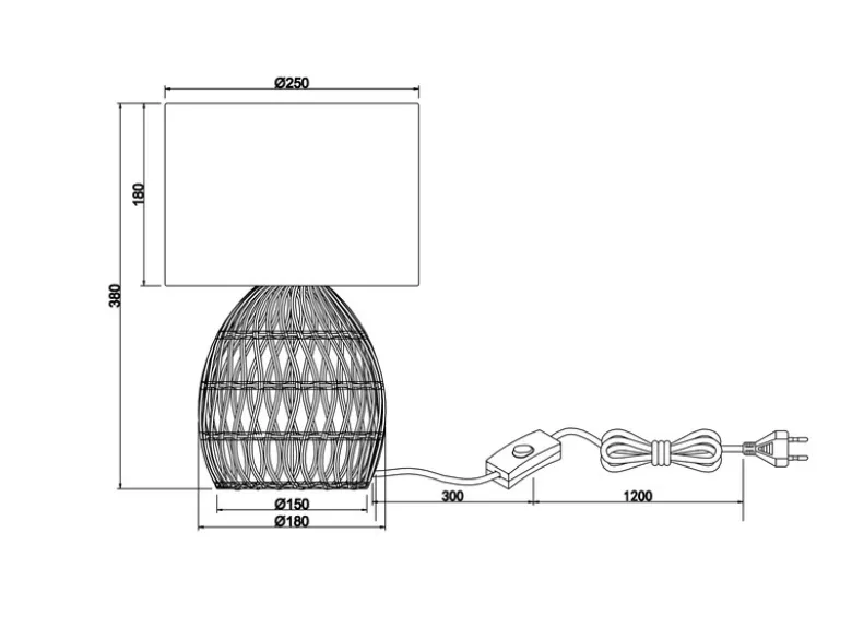 Tischleuchte RIKE mit Rattan Geflecht & Stoffschirm in Weiß, Höhe 38cm